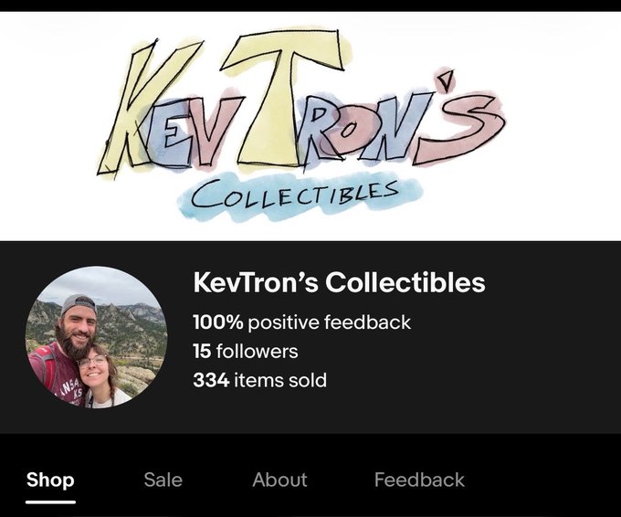 The image shows a social media post from a person named "Kevron's Collectibles", which appears to be about a collection of items for sale, such as memorabilia or antiques. The post includes a photo of two people posing with an item in their possession and a caption that reads "100% positive feedback". There are also mentions of "shops" and "about".