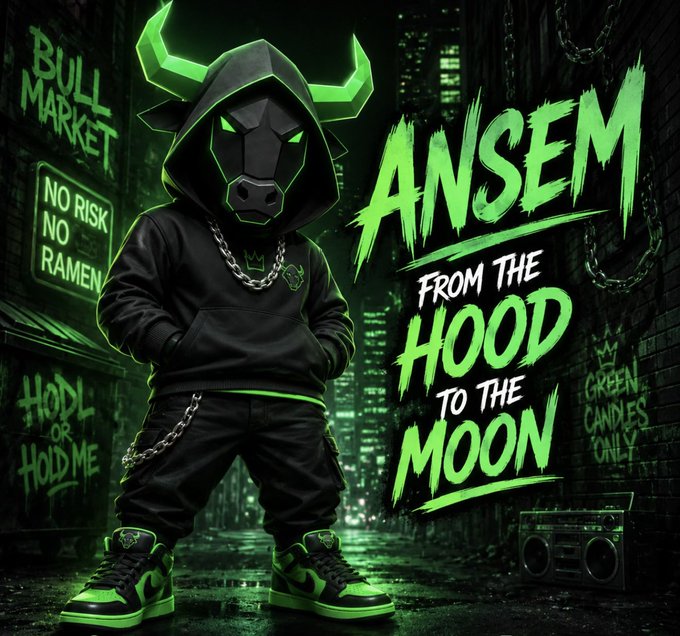 The image features a hooded, bull-masked character in a dark urban alleyway with neon green text reading "ANSEM FROM THE HOOD TO THE MOON," alongside graffiti-style slogans like "BULL MARKET," "NO RISK NO RAMEN," "HODL OR HOLD ME," and "GREEN CANDLES ONLY," visually embodying the meme-culture origin story of the $ANSEM token referenced in the post.