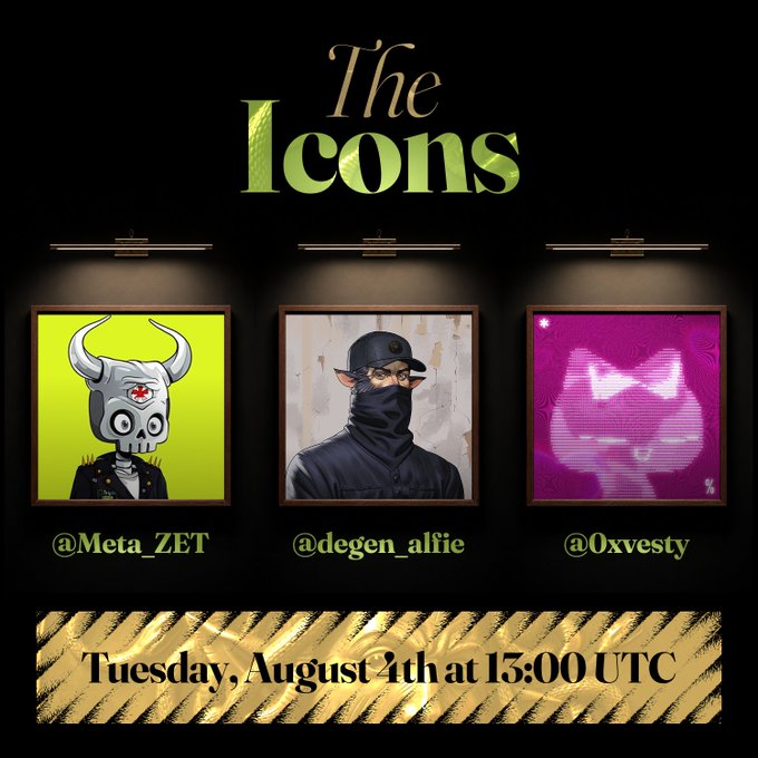 Promotional graphic titled "The Icons" featuring three framed character portraits labeled @Meta_ZET, @degen_alfie, and @0xvesty, with the event scheduled for "Tuesday, August 4th at 13:00 UTC" against a black and gold backdrop. The image highlights @degen_alfie, the featured artist mentioned in the post who will discuss essay topics, auracoin mechanics, and post-mint plans.