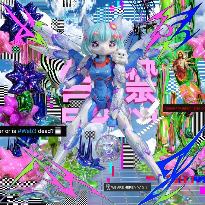 A chaotic, maximalist digital collage centered on a blue and silver mecha-style anime figure, overlaid with Japanese text, religious imagery, and error messages like "Please try again later" and "WE ARE HERE\"(°o°)/\".