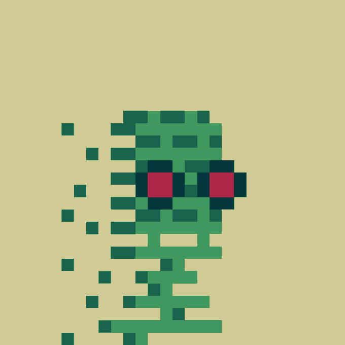 A pixel art illustration of a green zombie-like creature with red eyes, appearing to disintegrate into scattered pixels on the left side against a pale yellow background.