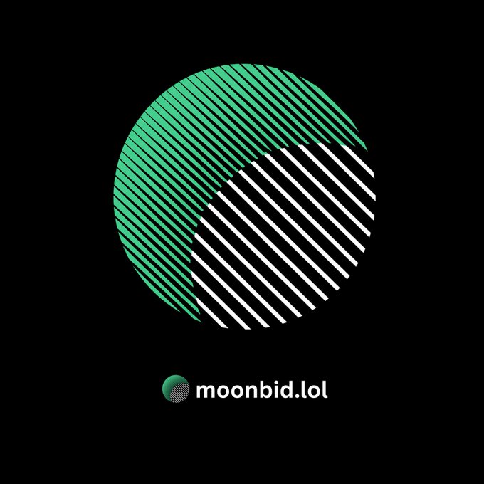 A logo on a black background featuring a green and white striped circle with the text "moonbid.lol" beneath it.