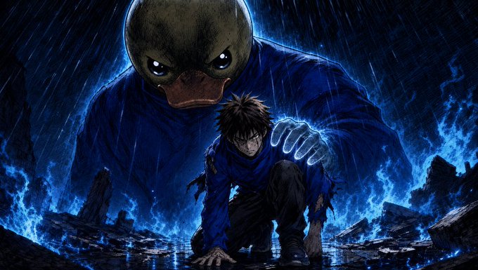 An anime-style illustration shows a kneeling figure in a blue cloak being shielded by a giant duck-headed entity amid blue flames and rain.