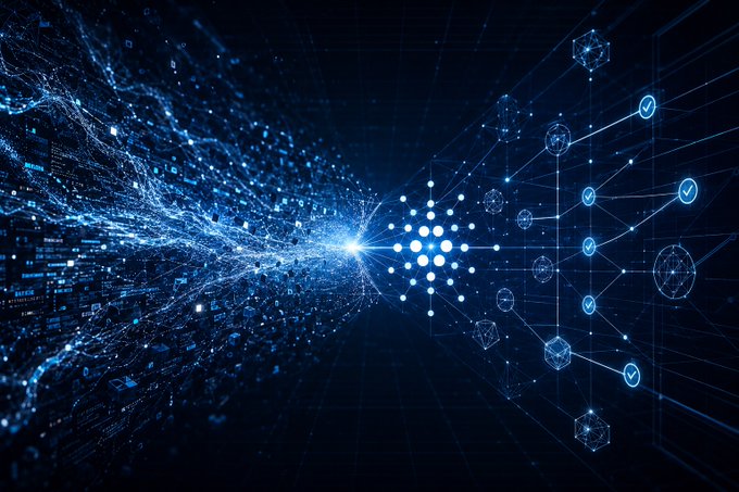 An abstract digital illustration shows glowing blue data streams flowing into a network of connected nodes and checkmarked icons representing blockchain technology.