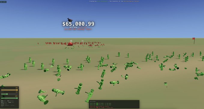The image displays a scene from 'The Bitcoin Battlefield' with a prominent '$65,000.99 BITCOIN' price tag floating above a field of green stick-figure soldiers.