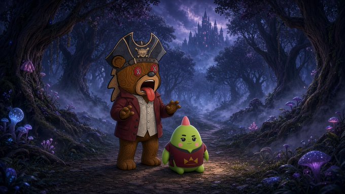 A digital artwork of an animated bear dressed as a pirate standing next to a small green character in a mystical forest with a castle in the background.