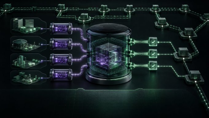 A digital illustration shows a futuristic technological network with cylindrical data containers, glowing green connection nodes, and a central server hub emitting purple light.