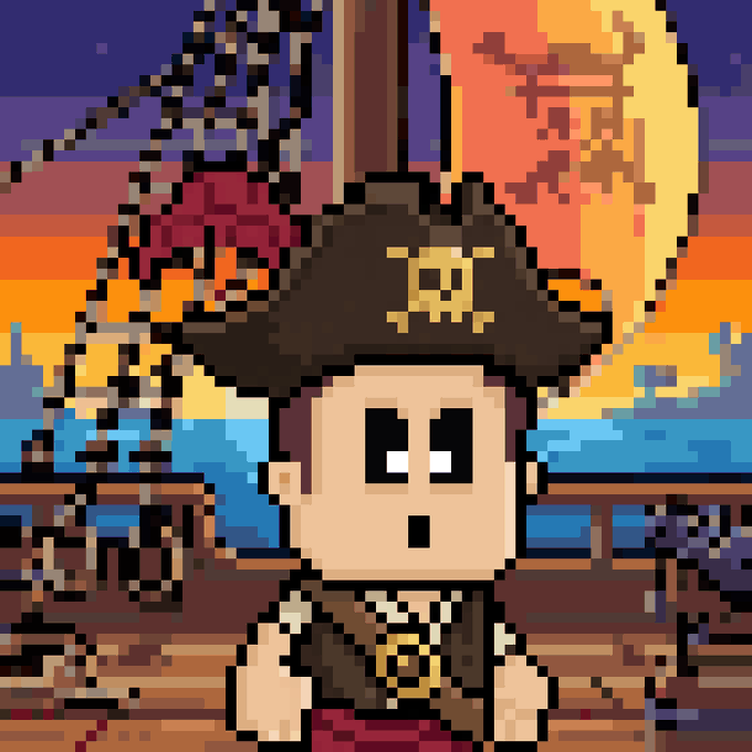 A pixel-art pirate character with a skull-adorned tricorn hat and an "A" emblem stands aboard a ship with billowing sails, fitting the "Art Rebels Club" NFT theme of a swashbuckling on-chain collection launching on OpenSea.