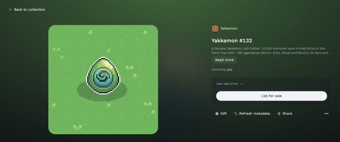 An NFT listing page shows a pixelated blue and green egg-like creature named 'Yakkamon #132' on a green background, described as a 'Genesis Yakkamon' with options to 'List for sale'.