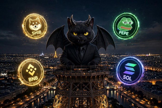 A digital artwork featuring a black cat with bat wings in a suit perched atop the Eiffel Tower in Paris at night, surrounded by floating crypto coins for SHIB, PEPE, BNB, and SOL.