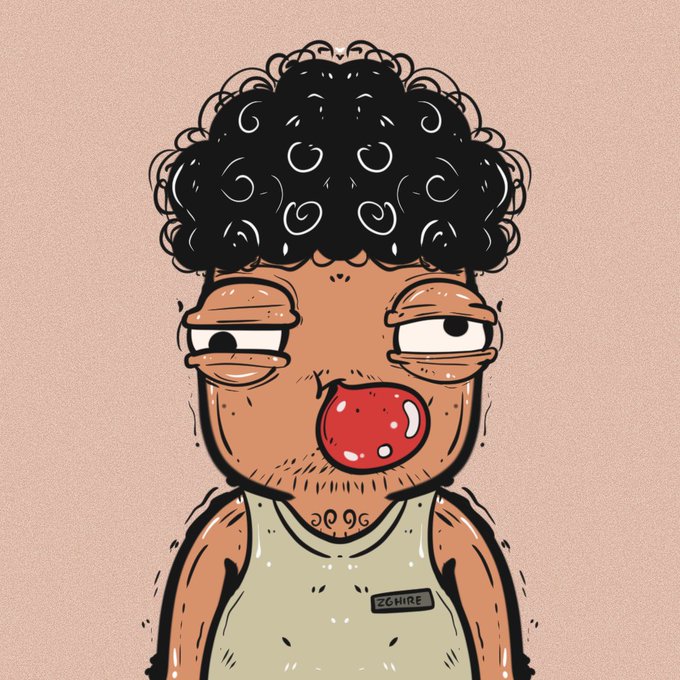 A cartoon illustration of a man with curly black hair, stubble, and a red ball in his mouth, wearing a tank top labeled "ZCHIRE," matching the poster's carefree, meme-like vibe as they humorously express loyalty to Solana NFTs despite the Robinhood hype and offer free mint collaborations.