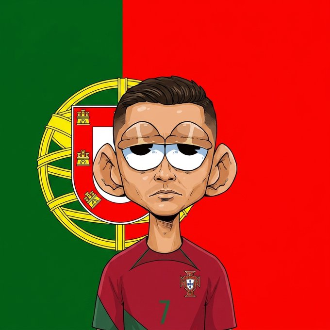 A cartoon caricature of Cristiano Ronaldo wearing a Portugal national team jersey with the number 7, set against the Portuguese flag background.