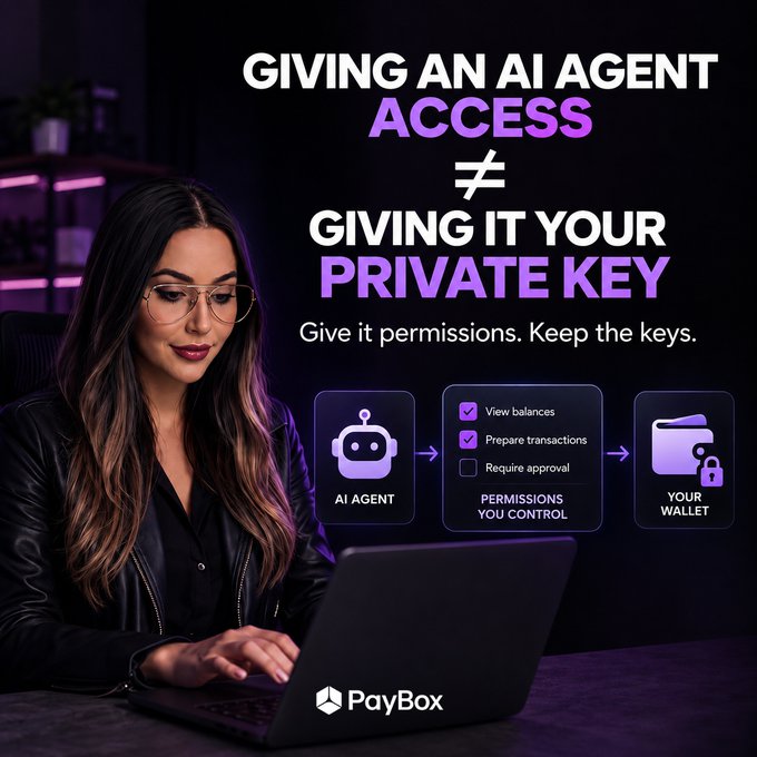 A promotional image for PayBox featuring a woman using a laptop alongside text that reads 'GIVING AN AI AGENT ACCESS ≠ GIVING IT YOUR PRIVATE KEY' and 'Give it permissions. Keep the keys,' illustrating a workflow between an AI Agent, permissions, and a wallet.