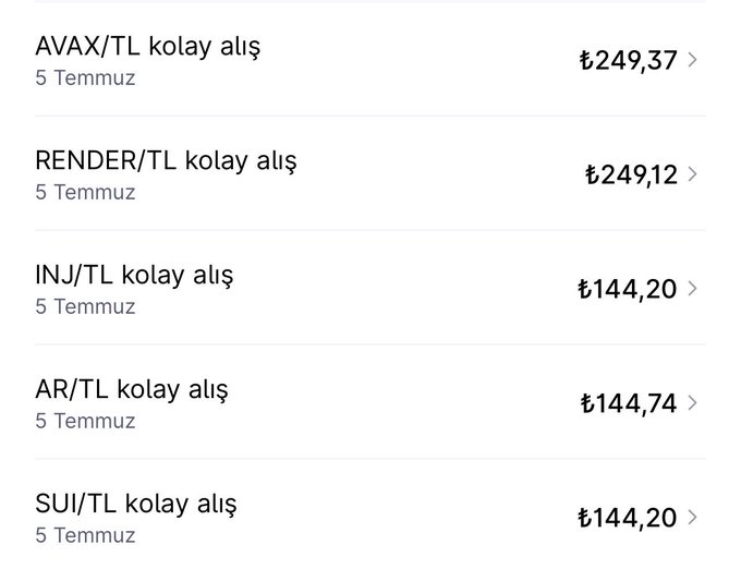 A cryptocurrency trading screen showing easy buy options for AVAX/TL (₺249,37), RENDER/TL (₺249,12), INJ/TL (₺144,20), AR/TL (₺144,74), and SUI/TL (₺144,20), all dated 5 Temmuz.