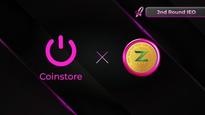 A promotional graphic for the "2nd Round IEO" of $ZKTC on Coinstore, featuring the Coinstore pink power-button logo alongside a gold ZKTC coin emblem separated by an "x" symbol on a dark background. The image visually reinforces the partnership announcement, highlighting the upcoming Initial Exchange Offering round.