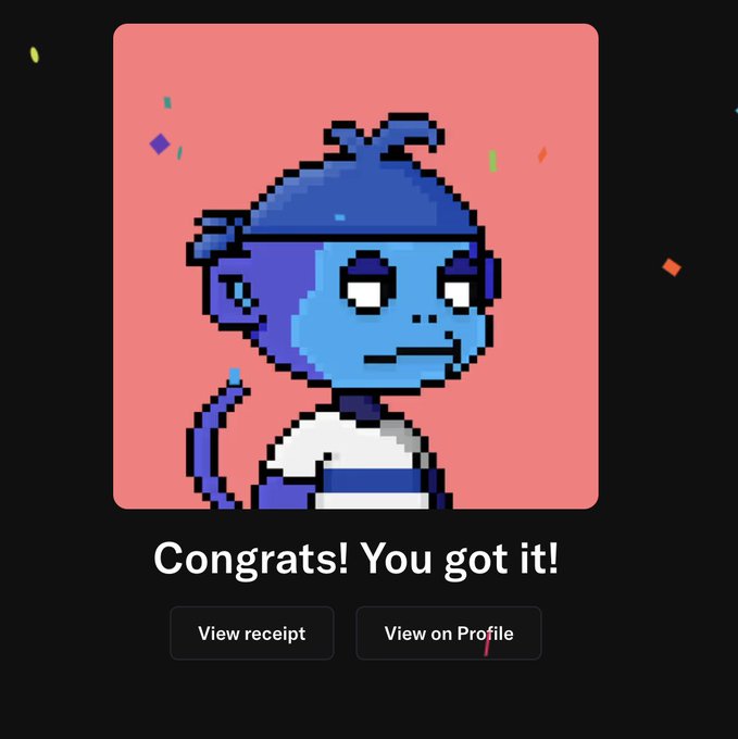 A digital screen showing a blue pixel-art monkey character on a pink background with confetti, accompanied by the text 'Congrats! You got it!' and buttons for 'View receipt' and 'View on Profile'.
