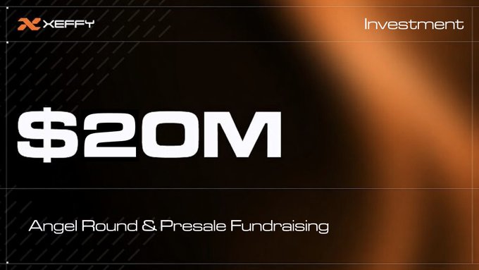 The image is a promotional graphic for Xeffy announcing a "$20M Angel Round & Presale Fundraising" investment opportunity, supporting the post's introduction of Xeffy as a platform linking institutional multi-strategy vaults with on-chain RWA infrastructure.