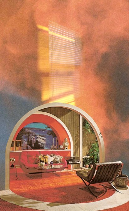 A retro-style interior scene featuring a sunken living room with red carpeting, mid-century furniture, and a large arched window looking out to a desert landscape.