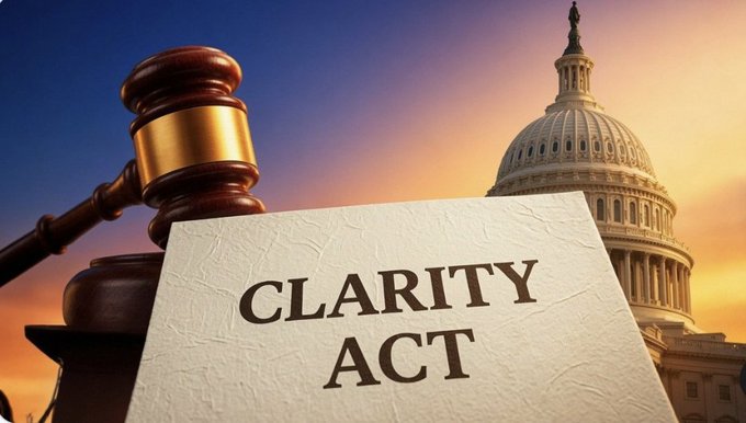 Image of a gavel and document labeled 'CLARITY ACT' with the U.S. Capitol building dome visible in the background against a sunset sky.