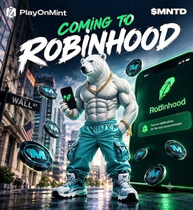 A muscular anthropomorphic polar bear wearing a gold chain and teal cargo pants stands on Wall Street holding a smartphone, surrounded by floating $MNTD coins next to a giant green Robinhood notification screen. Bold text reads "COMING TO ROBINHOOD," with "PlayOnMint" and "$MNTD" displayed at the top, visually announcing MNTD's upcoming listing on the Robinhood platform.