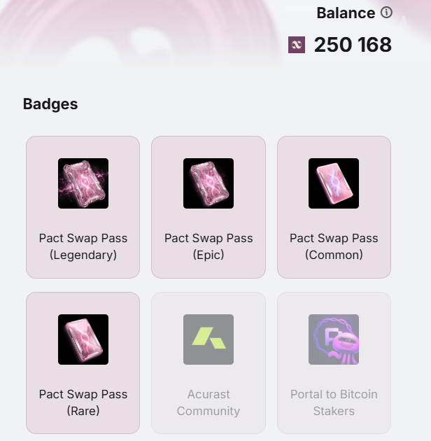 The image displays a digital wallet showing a balance of 250,168 tokens alongside a collection of six badges, including four "Pact Swap Pass" tiers (Legendary, Epic, Rare, Common) and community-related badges like "Acurast Community" and "Portal to Bitcoin Stakers," introducing the new badge system for the @Pact_Swap TGE.