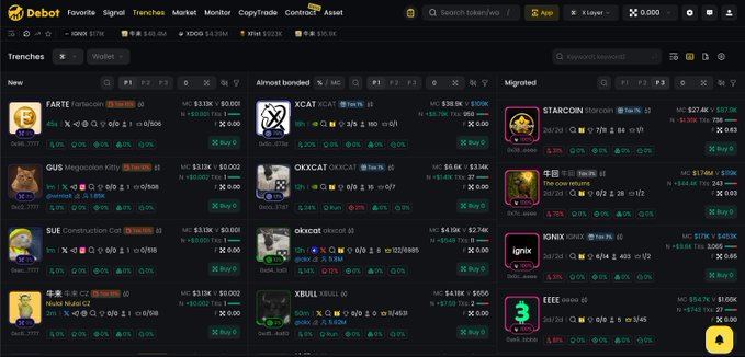 The image shows a "Debot" platform dashboard displaying the "Trenches" market with multiple cryptocurrency token listings including FARTE, XCAT, STARCOIN, GUS, OXKCAT, SUSHI, 0xcat, IPXNX, NOKI, XBULL, and LEEE, organized into "New," "Almost bonded," and "Migrated" categories.

The post references "0x0c9535416fd3b772646c4575e0664fd65afeeeee" and "X链发射台龙一" (referring to a token launchpad on the X Chain), which appears to relate to the Oxkcat token visible in the "Almost bonded" column, suggesting it's a newly deployed token on this bonding curve/launchpad platform awaiting migration.