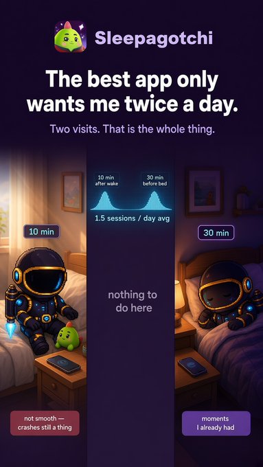 An advertisement for 'Sleepagotchi' with the tagline 'The best app only wants me twice a day' shows two astronauts in bed, one with a '10 min after wake' tag and the other with a '30 min before bed' tag, along with sleep session graphs.