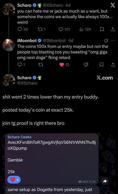 A screenshot of an X post by Scharo (@XScharo) replying to iMoonbot, showing a Telegram message where Scharo reveals they posted a coin at exactly 25k, using the same setup as a previous successful "Dogette" gamble, sharing the contract address for transparency.