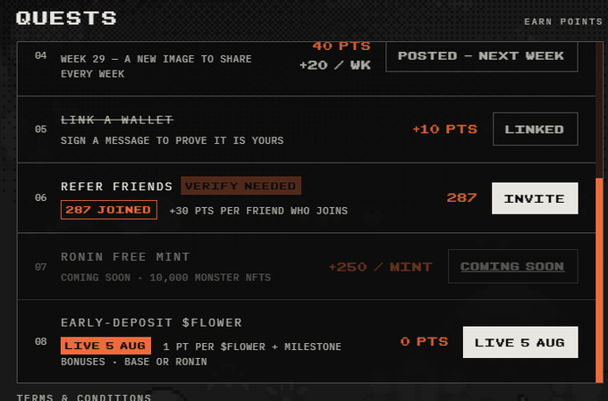 A quests interface showing point-based tasks including 'Week 29', 'Link-A-Wallet', 'Refer Friends' (287 joined), 'Ronin Free Mint', and 'Early-Deposit $FLOW'.