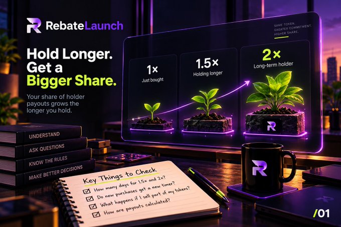 A colorful “RebateLaunch” graphic says “Hold Longer. Get a Bigger Share.” and shows plants labeled “1x Just bought,” “1.5x Holding longer,” and “2x Long-term holder,” alongside notes on “Key Things to Check.”