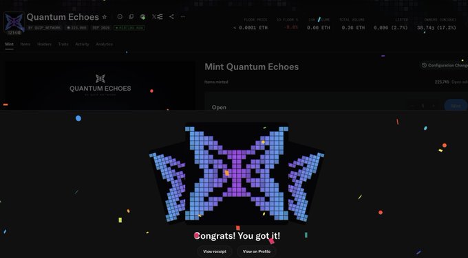 A screenshot of a NFT minting interface for 'Quantum Echoes' showing a pixel art character with the text 'congrats! You got it!' along with 'View receipt' and 'View on Profile' buttons.