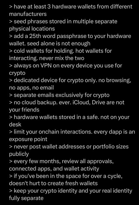 The image displays a comprehensive list of cryptocurrency self-custody security practices, including recommendations like having at least 3 hardware wallets from different manufacturers, adding a 25th word passphrase, using cold wallets for holding and hot wallets for interacting, always using VPN, keeping hardware wallets in a safe, never posting wallet addresses publicly, and keeping crypto and real identities separate. This list of 15+ stringent security measures illustrates the post's argument that crypto self-custody is far too complex for mass adoption, supporting the claim that "99.9% will never do this or want to deal with even a fraction of this shit" and that better UX through embedded wallets and MPC technology is needed.
