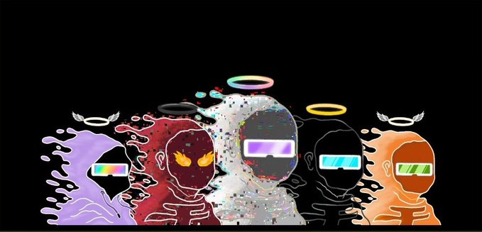 **Image 7**: A stylized digital illustration shows five silhouetted figures with glowing, colorful visors or eyes against a black background, some with halos, wings, or digital glitch effects.