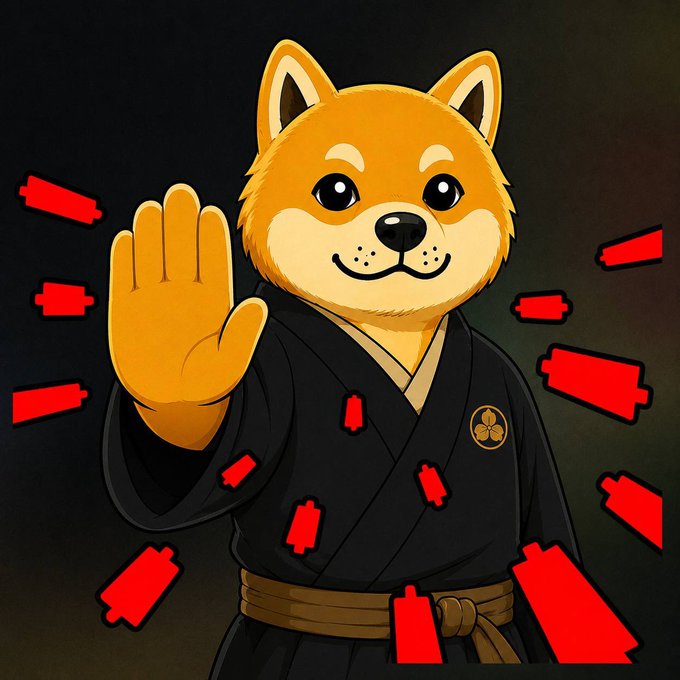 A cartoon Shiba Inu dog dressed in a black martial arts robe raises its paw in a "stop" gesture, surrounded by red rectangular shapes radiating outward. The image accompanies the post "#Hachiko THE LAST INU!!", playing on the iconic Japanese dog's name being styled like a final, battle-ready warrior in anime form.
