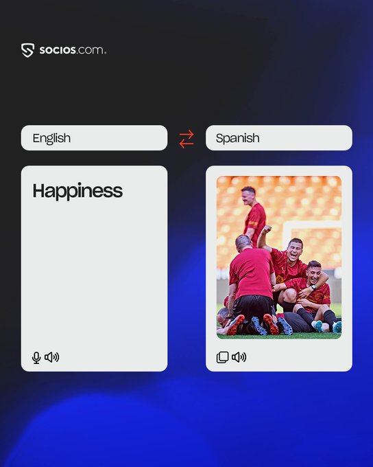 Socios.com translation interface showing the English word 'Happiness' being translated to Spanish, with an accompanying image of soccer players celebrating on a field.