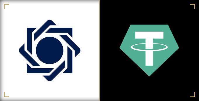 A split image showing two cryptocurrency logos: a dark blue geometric logo on a white background (left) and a green pentagon-shaped Tether (USDT) logo on a black background (right).