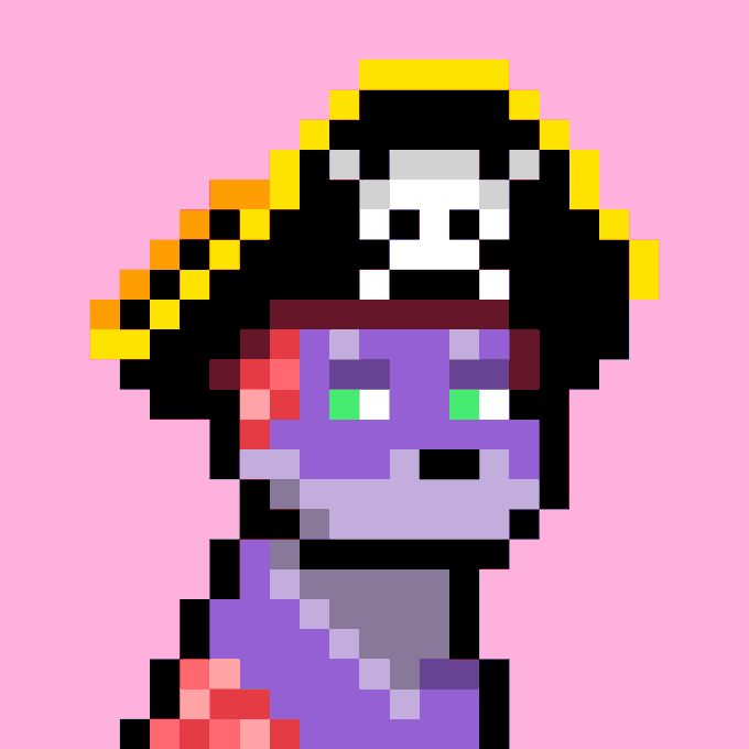 A pixel art image on a pink background depicts a purple dragon character with yellow horns and a white skull on its forehead.