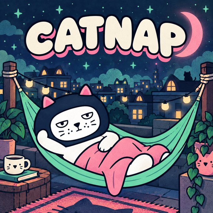 A cute cartoon illustration features a grumpy-looking cat wearing a black hood lounging in a teal hammock, covered with a pink blanket, beneath the bold bubble-lettered text "CATNAP" set against a starry night sky with a crescent moon. The cozy scene is decorated with string lights, a sleepy cat-shaped mug on a stack of books, potted plants, a patterned rug, and a cityscape silhouette with a tiny silhouetted cat perched on a rooftop in the background—matching the post's playful "Meow Intern" theme as it announces the CATNAP tournament with 200 GTD spots at arcmeow.xyz.