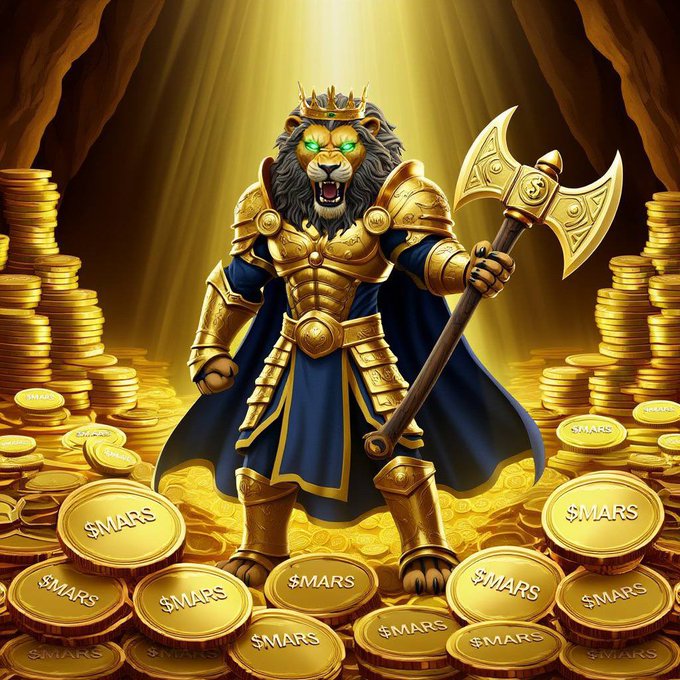 A digital illustration of an armored lion king wearing a golden crown and wielding a battle axe, standing on piles of gold coins labeled "$MARS" inside a treasure cave.