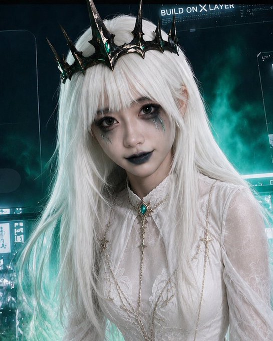 A cosplay photo of a pale-skinned woman with long white hair, dark makeup, and an ornate spiked crown, with 'BUILD ON X LAYER' text in the background.