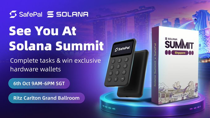 The image is a promotional banner for SafePal's appearance at the Solana Summit in Singapore, featuring the SafePal and Solana logos, event details (6th Oct, 9AM-6PM SGT, Ritz Carlton Grand Ballroom), and showcasing an exclusive co-branded SafePal hardware wallet and matching box. The design uses a vibrant purple background with a stylized Merlion and cityscape, visually reinforcing the Singapore location highlighted in the post.