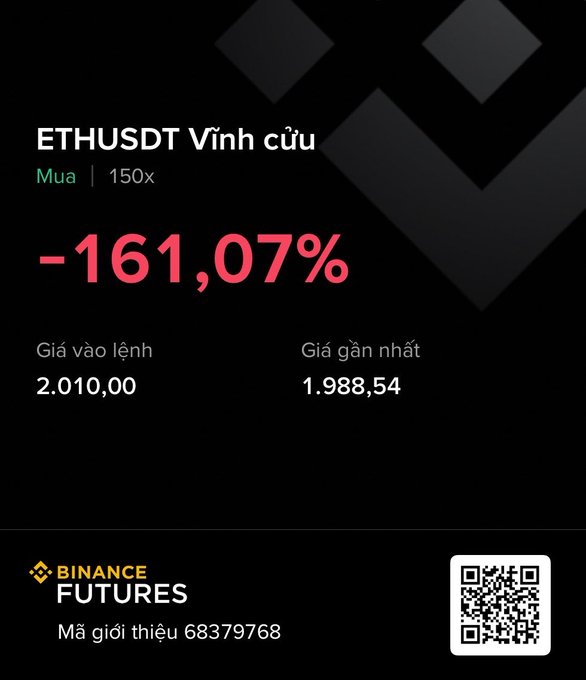 The image shows a screenshot of an advertisement for EthusDT, which is a cryptocurrency exchange platform. The advertisement displays a black background with white text that reads "ETHUSDT Vinh cu cin", indicating the name of the cryptocurrency being promoted. The text also includes numbers and symbols related to the cryptocurrency's value, such as -16.07% and 2,099,000.00. Additionally, there is a QR code in the image which could be used for further information or instructions about the product.