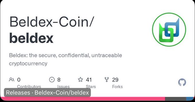 A GitHub repository page for 'Beldex-Coin/beldex' describing it as 'the secure, confidential, untraceable cryptocurrency' with 41 stars and 29 forks.