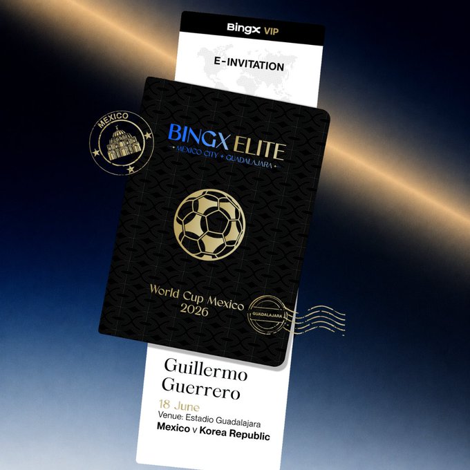 The image features a black and white ticket for an event, possibly a soccer match or a concert, with a gold border and a soccer ball design. The text on the ticket indicates that it was purchased using a BingX VIP pass, which is a type of e-invitation. The ticket also includes information about the event taking place in Mexico City at 18 June.