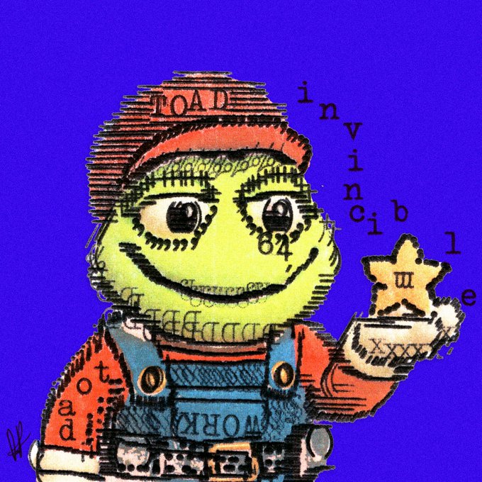 A corrupted-style drawing of Mario with glitch text including 'TOAD', 'invincible', and 'WORK' scattered across a purple background.