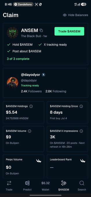 A mobile app screenshot titled "Claim" showing details for "ANSEM - The Black Bull - 1w" with a "Trade $ANSEM" button, tracking a user holding $5.54 of the token.