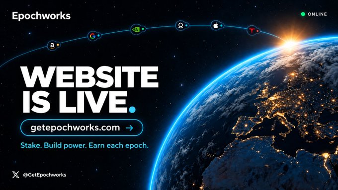 A promotional banner for Epochworks announcing 'WEBSITE IS LIVE' with the URL getepochworks.com, featuring an Earth-from-space background with corporate logos connected by lines and the tagline 'Stake. Build power. Earn each epoch.' along with the X handle @GetEpochworks.