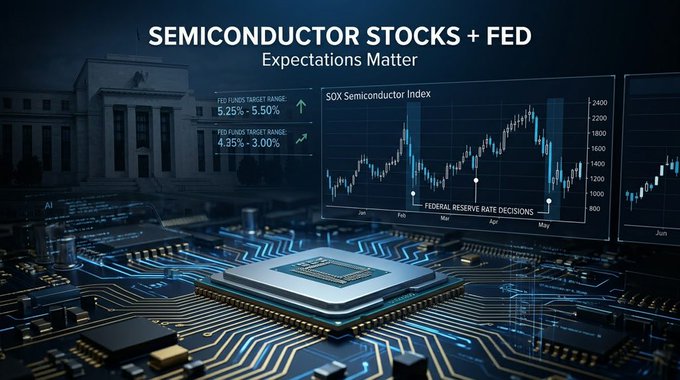 An infographic titled "SEMICONDUCTOR STOCKS + FED - Expectations Matter" showing a Federal Reserve building, the SOX Semiconductor Index chart, and target range statistics (FED Funds 5.25% - 5.50%, up from 4.35% - 3.00%).