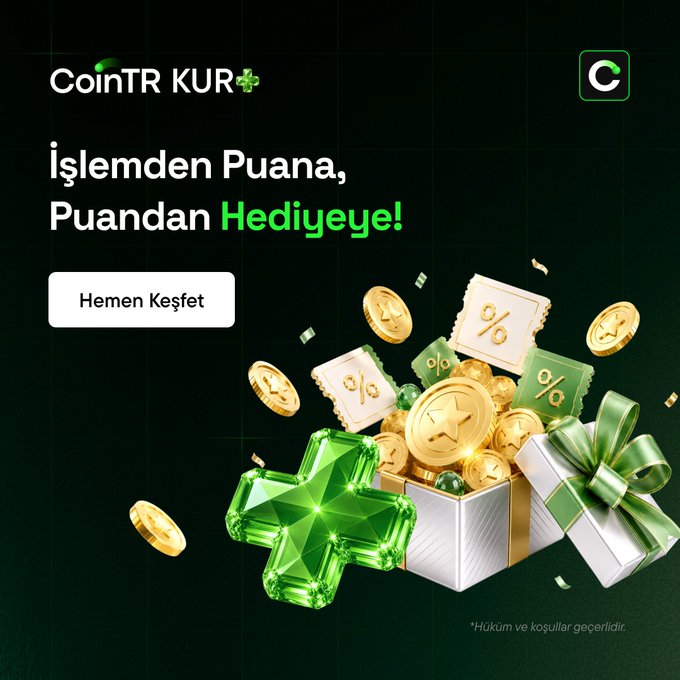 A CoinTR KUR promotional graphic featuring the Turkish text 'İşlemden Puana, Puandan Hediyeye!' with a 'Hemen Keşfet' button, displaying a green plus-shaped gem and gift boxes with gold coins and percent symbols.