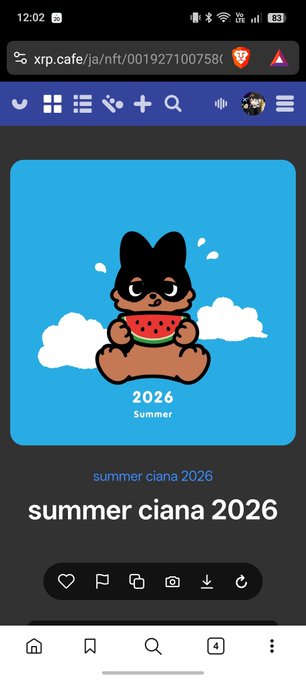 A mobile screenshot of an NFT page on xrp.cafe showing a cartoon character with a watermelon slice, labeled '2026 Summer' and 'summer ciana 2026'.